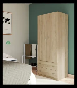 Armario ropero 2 puertas abatibles y 2 cajones Turin acabado roble, 180 cm(alto)74 cm(ancho)50 cm(fondo)
