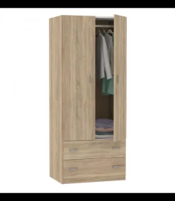 Armario ropero 2 puertas abatibles y 2 cajones Turin acabado roble, 180 cm(alto)74 cm(ancho)50 cm(fondo)