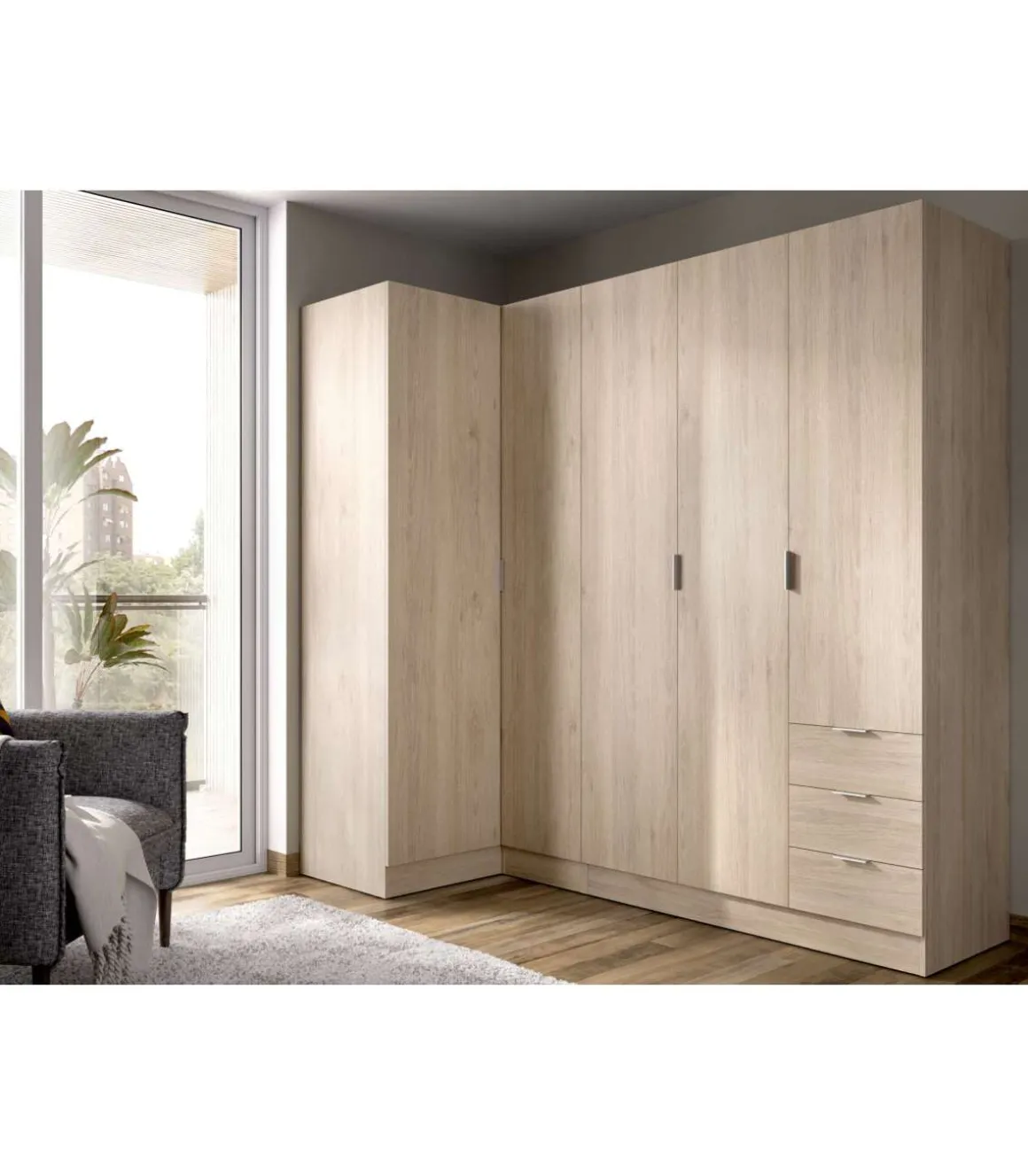 Armario ropero rincón puertas abatibles Jaén I acabado natural, 184 cm(alto)213.5 cm(ancho)90.5 cm(largo)