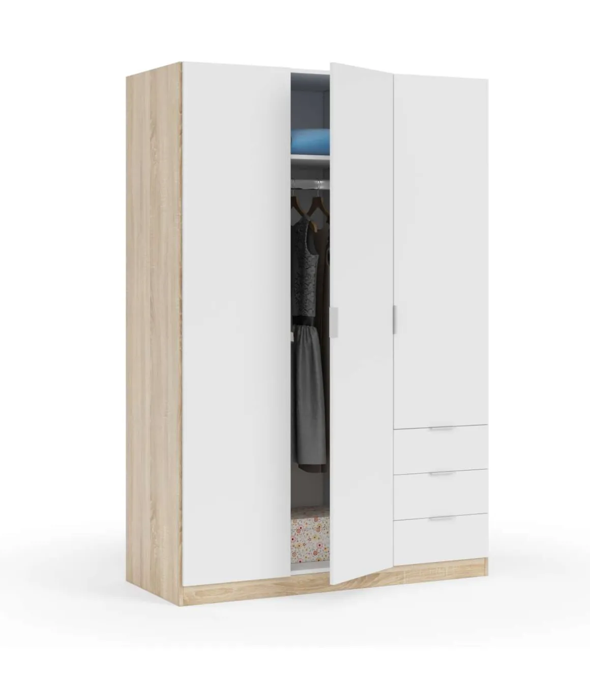 Armario ropero Vanesa 3 puertas abatibles acabado blanco artik y roble canadian. 180 cm (alto), 121 cm (ancho), 52 cm (fondo).