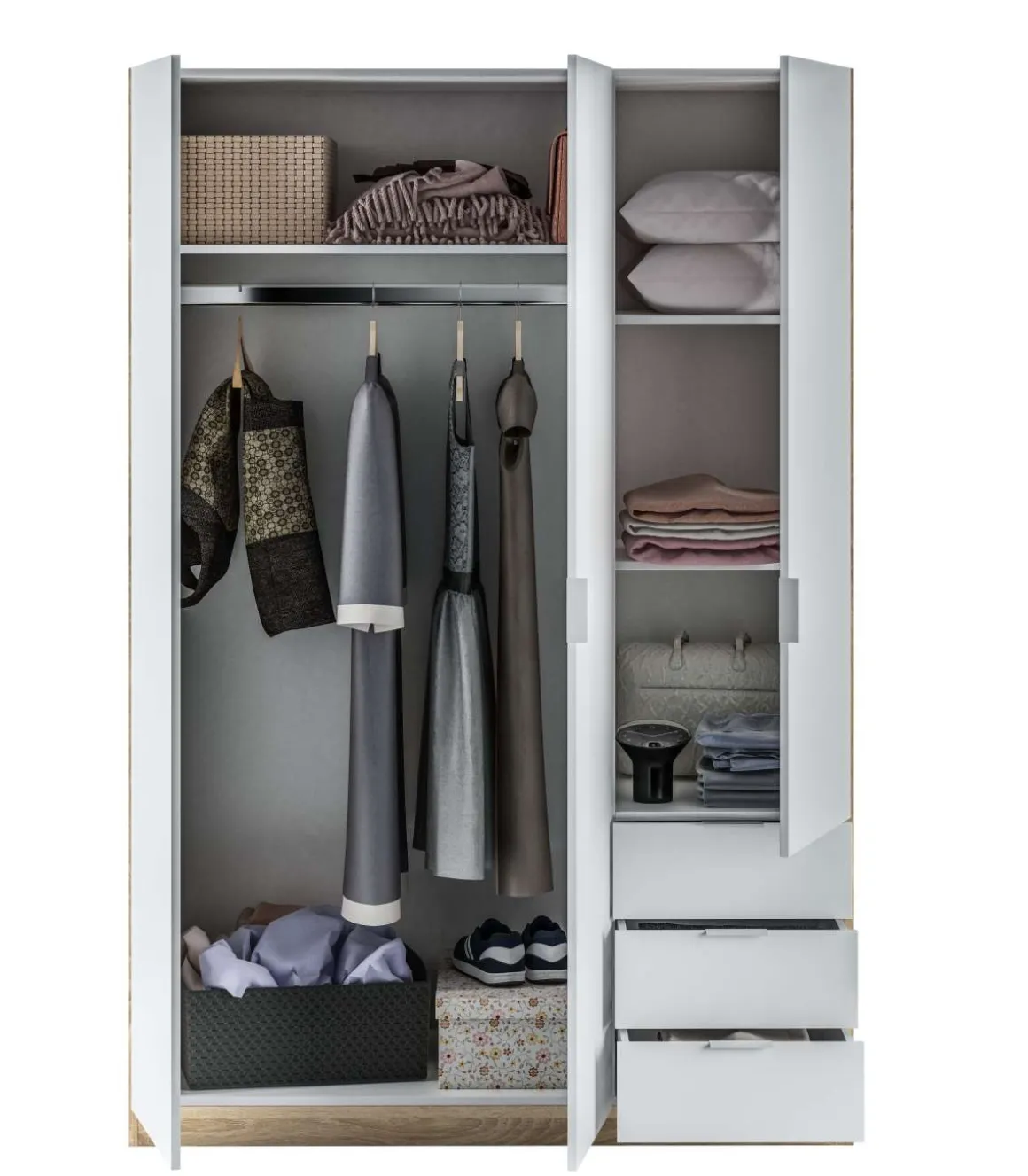 Armario ropero Vanesa 3 puertas abatibles acabado blanco artik y roble canadian. 180 cm (alto), 121 cm (ancho), 52 cm (fondo).