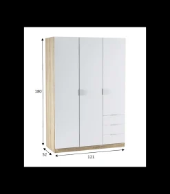 Armario ropero Vanesa 3 puertas abatibles acabado blanco artik y roble canadian. 180 cm (alto), 121 cm (ancho), 52 cm (fondo).