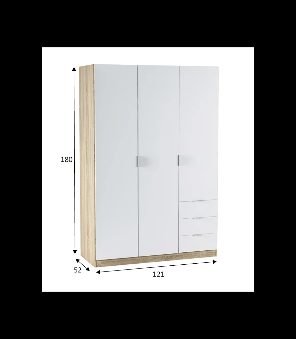 Armario ropero Vanesa 3 puertas abatibles acabado blanco artik y roble canadian. 180 cm (alto), 121 cm (ancho), 52 cm (fondo).