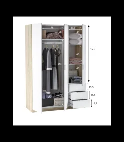 Armario ropero Vanesa 3 puertas abatibles acabado blanco artik y roble canadian. 180 cm (alto), 121 cm (ancho), 52 cm (fondo).
