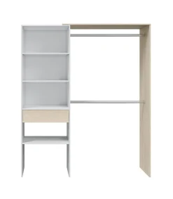Armario vestidor Elfos con estantes y un cajón y 2 barras de colgar blanco roble 187 cm alto x 158 cm ancho x 40cm fondo.