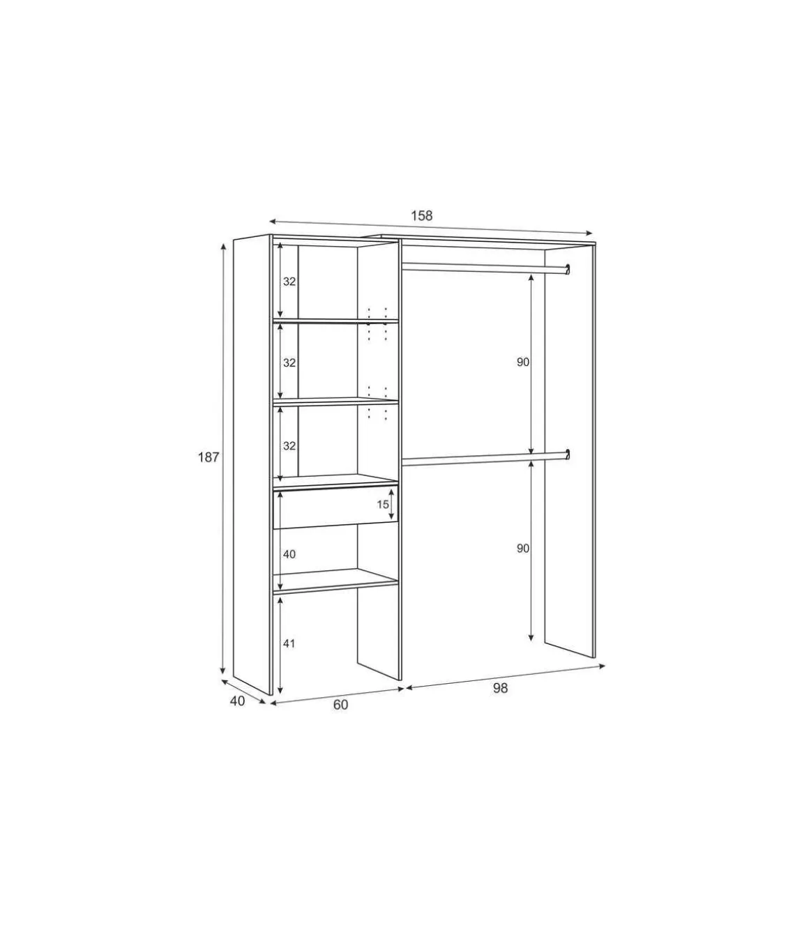 Armario vestidor Elfos con estantes y un cajón y 2 barras de colgar blanco roble 187 cm alto x 158 cm ancho x 40cm fondo.