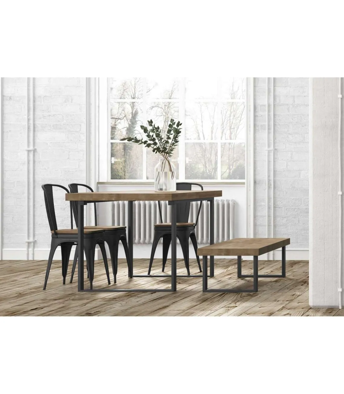 Banco Industrial Loft Roble American/Negro, 47cm(alto) 120cm(ancho) 34cm(fondo)