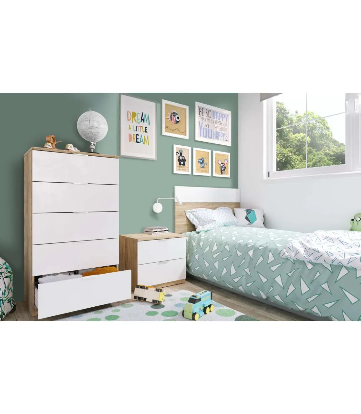 Cabecero para colchón de 90 cm + mesita para dormitorio juvenil modelo Luca acabado roble/blanco.