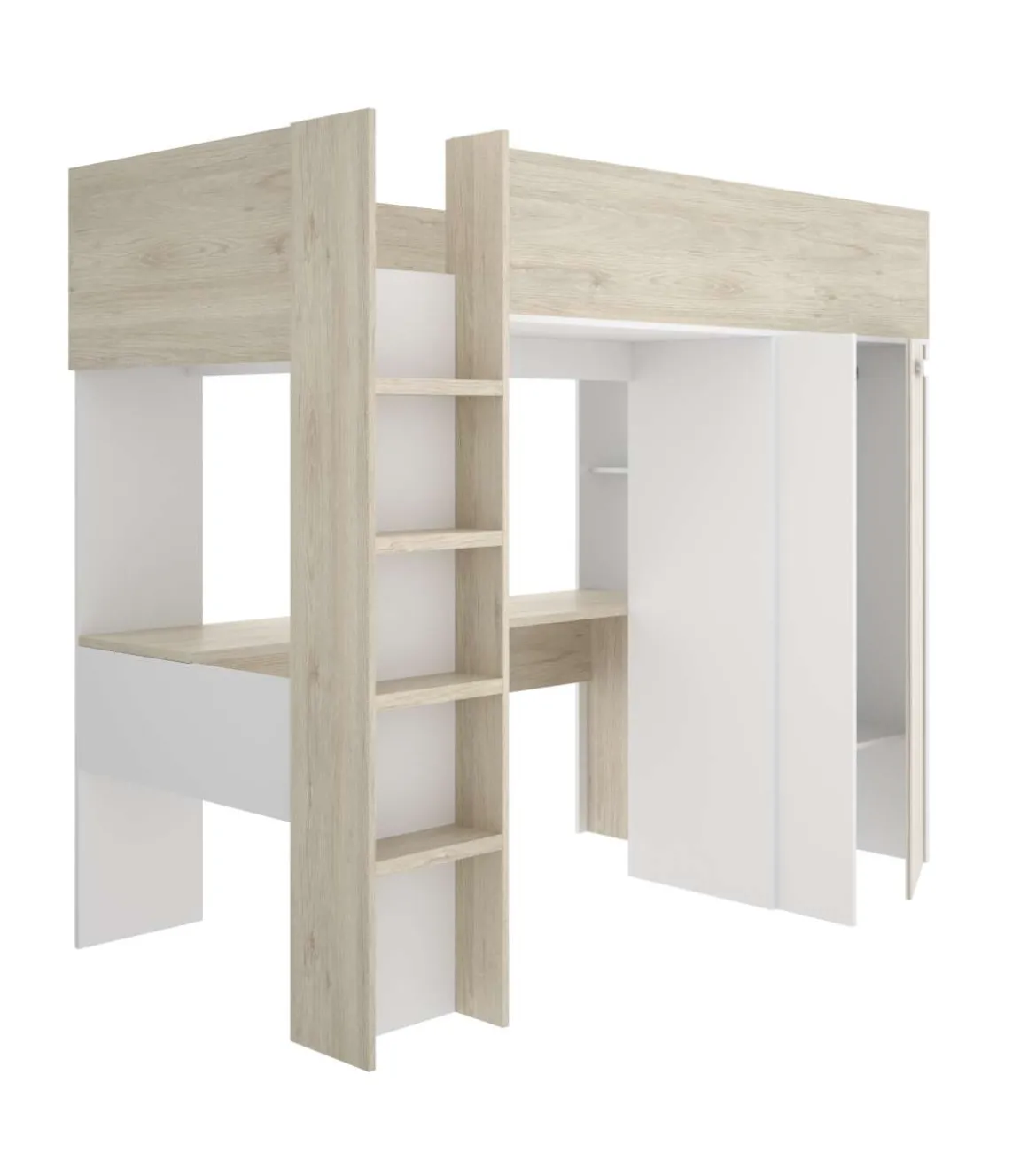 Cama alta juvenil Zero cama, escritorio y armario en alistonado natural-blanco, 177cm(alto) 205cm(ancho) 112cm(largo)