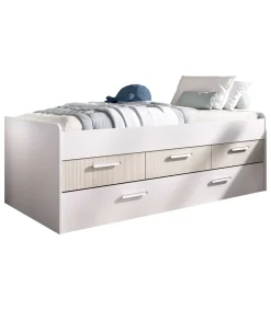 Cama compacta con cajones Soria acabado blanco/alistonado, 67.5cm(alto) 194.5cm(ancho) 95cm(largo)