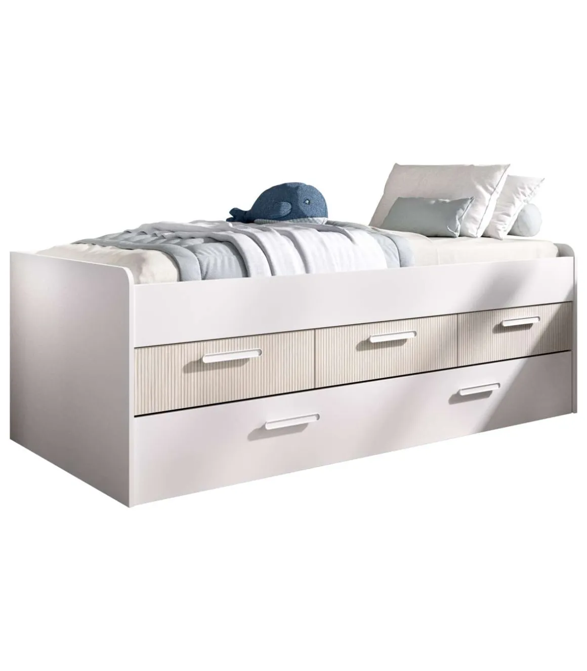 Cama compacta con cajones Soria acabado blanco/alistonado, 67.5cm(alto) 194.5cm(ancho) 95cm(largo)
