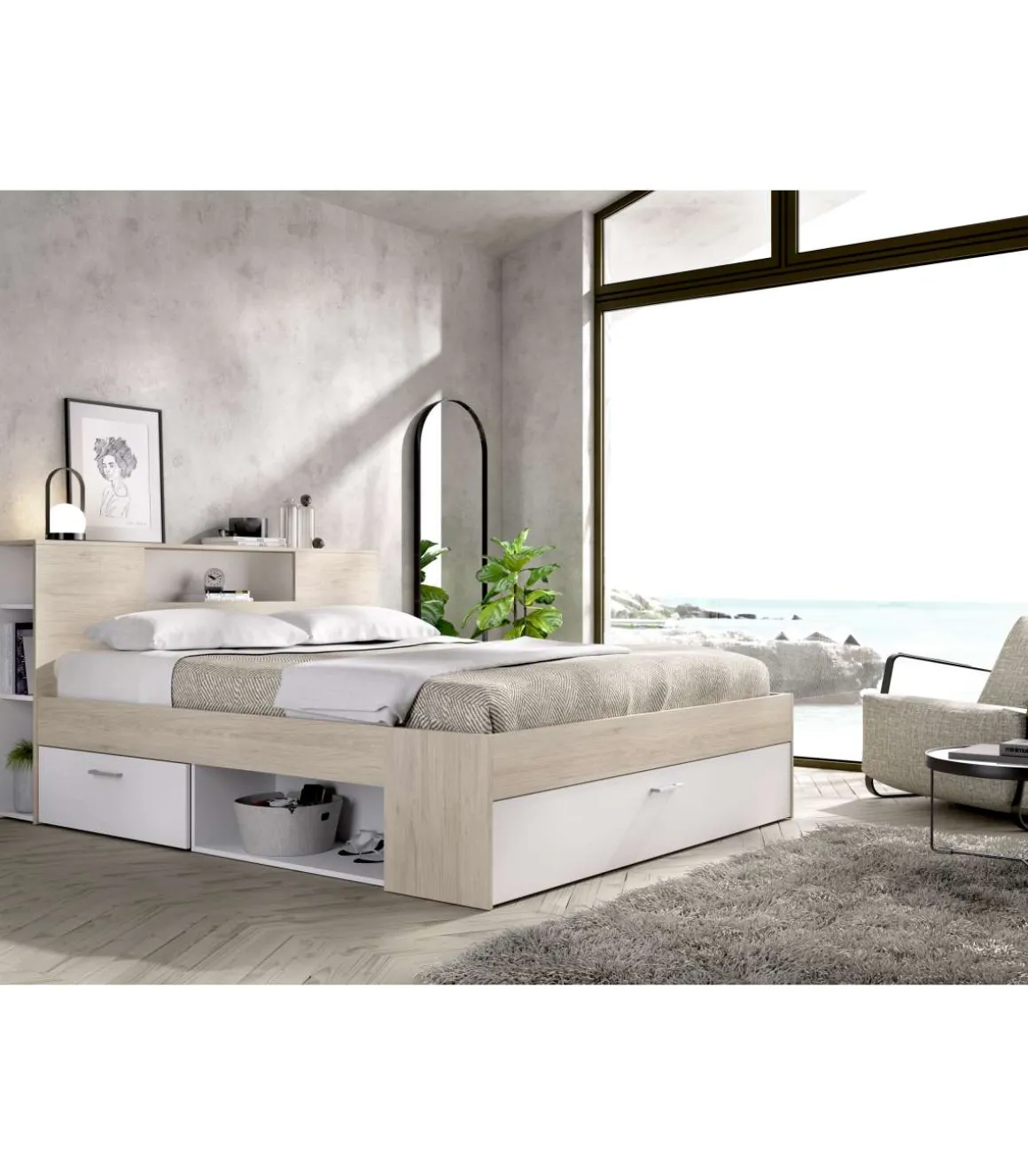 Cama compacta matrimonio Pozo Alcón en natural/blanco, 95cm(alto) 147cm(ancho) 219cm(largo)