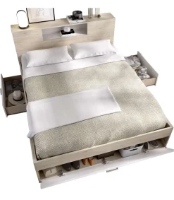 Cama compacta matrimonio Pozo Alcón en natural/blanco, 95cm(alto) 147cm(ancho) 219cm(largo)