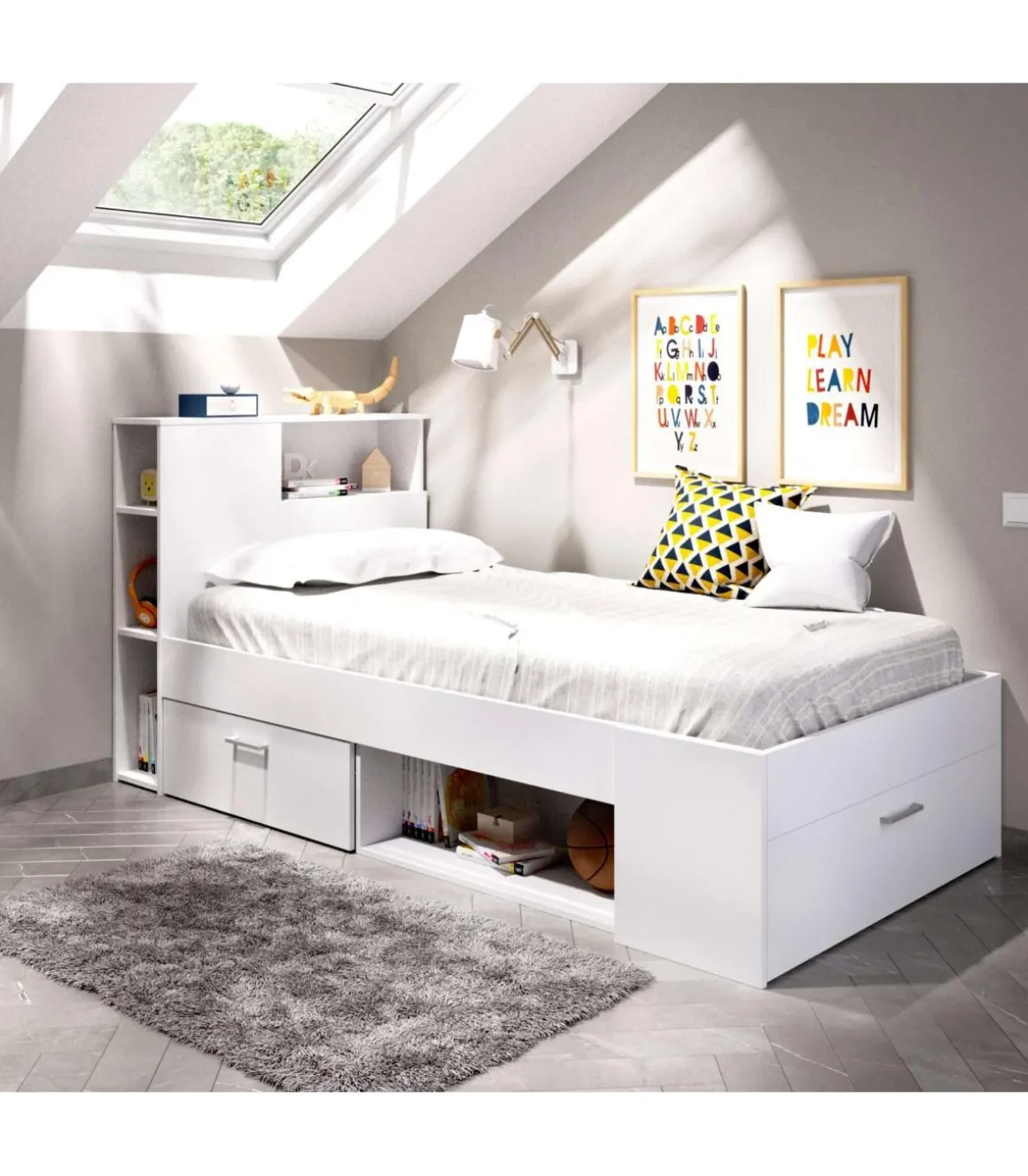Cama compacta Pozo Alcón de 90 cm en blanco 95 cm(alto)99cm(ancho)218 cm(largo)