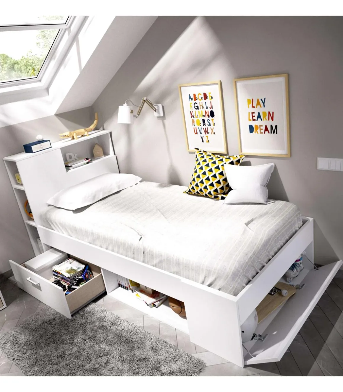 Cama compacta Pozo Alcón de 90 cm en blanco 95 cm(alto)99cm(ancho)218 cm(largo)