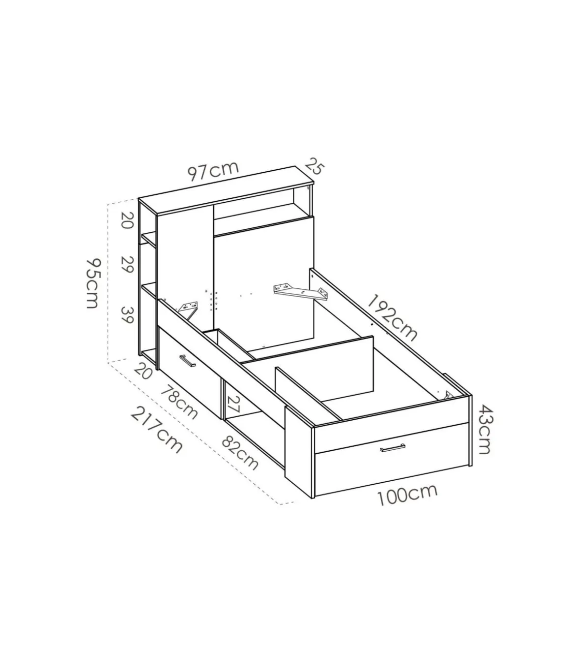 Cama compacta Pozo Alcón de 90 cm en blanco 95 cm(alto)99cm(ancho)218 cm(largo)