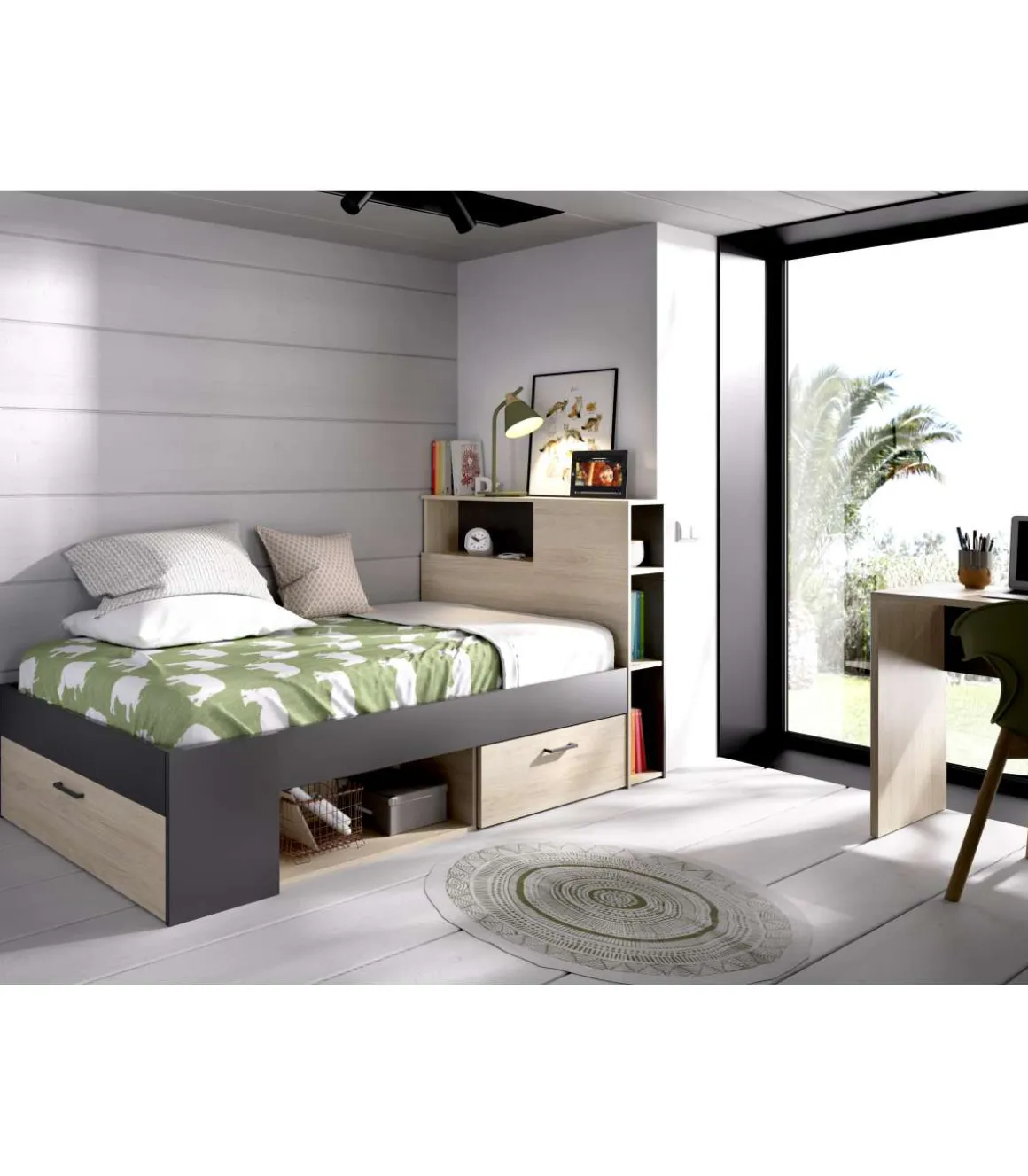 Cama compacta Pozo Alcón de 90 cm en natural/grafito 95 cm(alto)99cm(ancho)218 cm(largo)