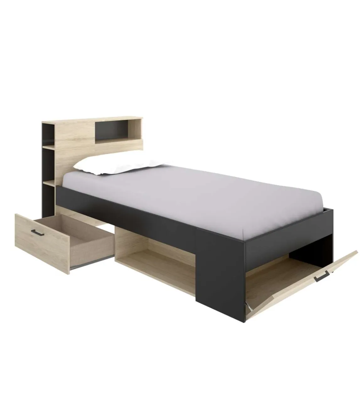 Cama compacta Pozo Alcón de 90 cm en natural/grafito 95 cm(alto)99cm(ancho)218 cm(largo)