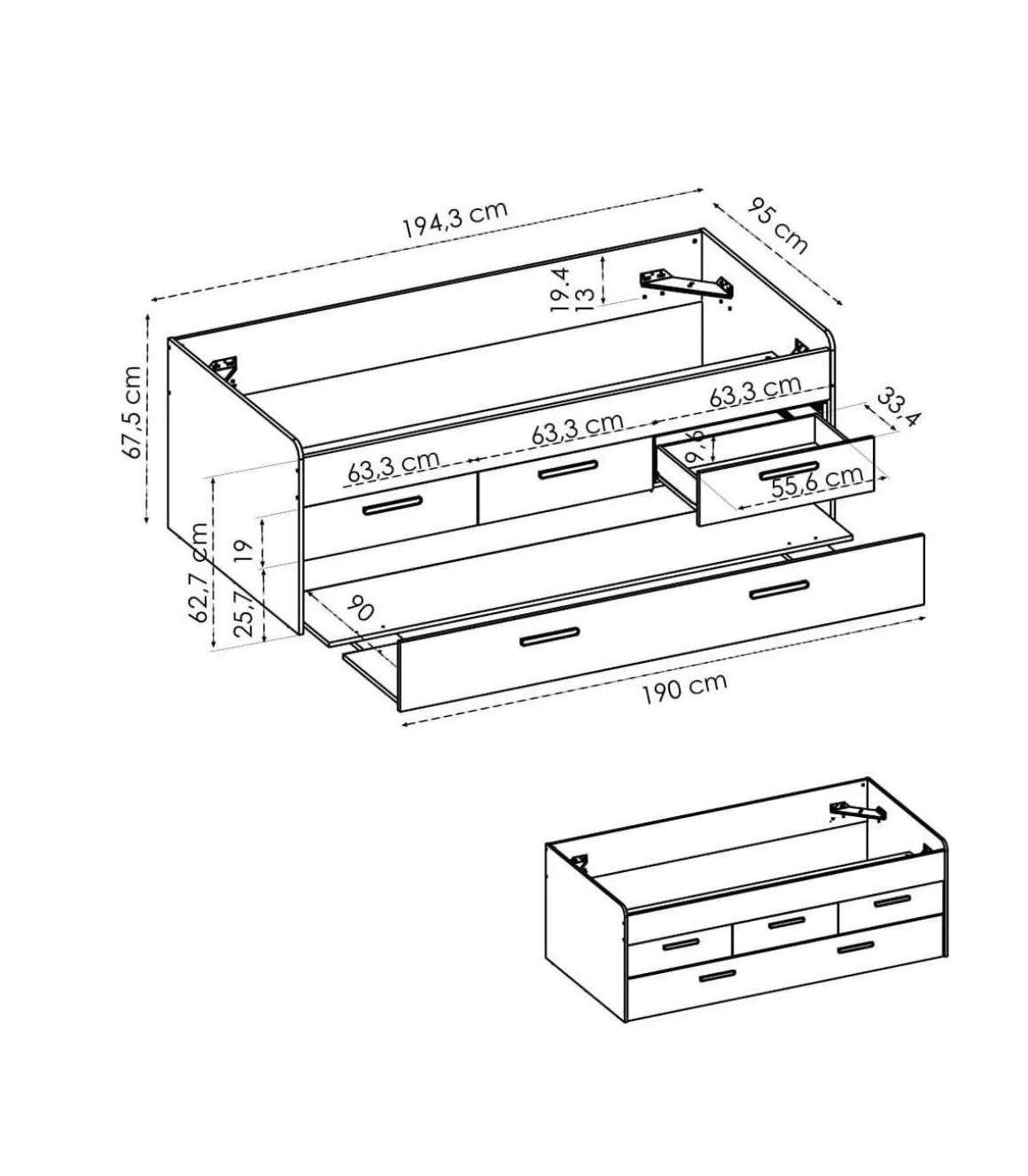 Cama compacta Rala de 90 cm en blanco 67.5 cm(alto)194.3cm(ancho)95 cm(largo)