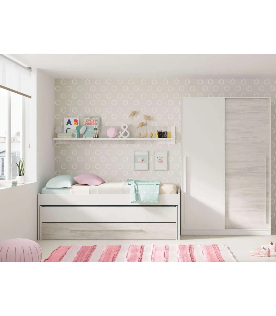 Cama compacta y estantería Elliot acabado blanco artic/blanco velho, 65cm(alto) 199cm(ancho) 96cm(largo)
