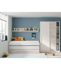 Cama compacta y estantería Elliot acabado blanco artic/blanco velho, 65cm(alto) 199cm(ancho) 96cm(largo)
