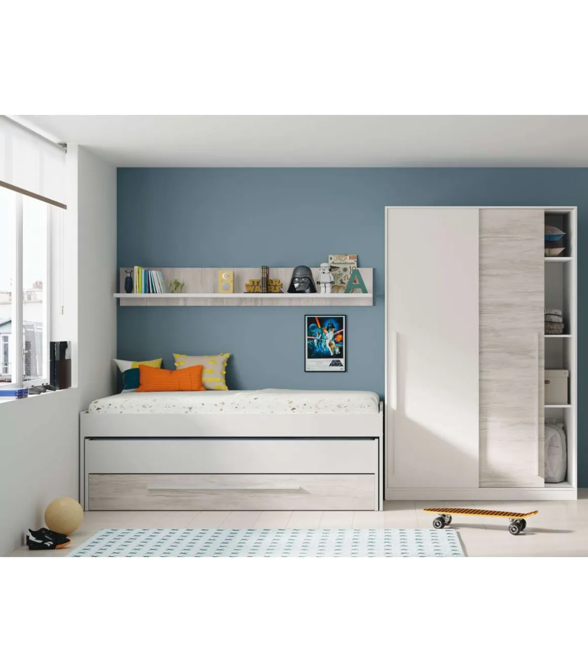 Cama compacta y estantería Elliot acabado blanco artic/blanco velho, 65cm(alto) 199cm(ancho) 96cm(largo)