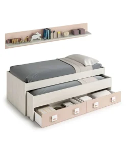 Cama compacta y estantería Nube acabado blanco alpes/rosa, 65cm(alto) 199cm(ancho) 96cm(largo)