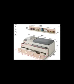 Cama compacta y estantería Nube acabado blanco alpes/rosa, 65cm(alto) 199cm(ancho) 96cm(largo)