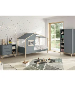 Cama juvenil modelo Lola acabado verde kaki/cera blanca, 158.5cm(alto) 103cm(ancho) 215.4cm(fondo)