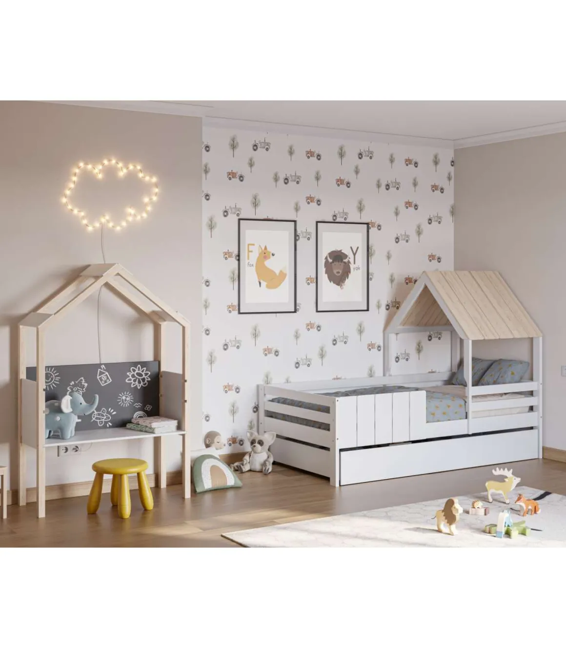 Cama juvenil modelo Nuria con cajón acabado blanco/cera blanca, 151.8cm(alto) 114.1cm(ancho) 201.2cm(fondo)