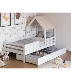 Cama juvenil modelo Nuria con cajón acabado blanco/cera blanca, 151.8cm(alto) 114.1cm(ancho) 201.2cm(fondo)