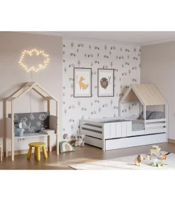 Cama juvenil modelo Nuria sin cajón acabado blanco/cera blanca, 151.8cm(alto) 114.1cm(ancho) 201.2cm(fondo)