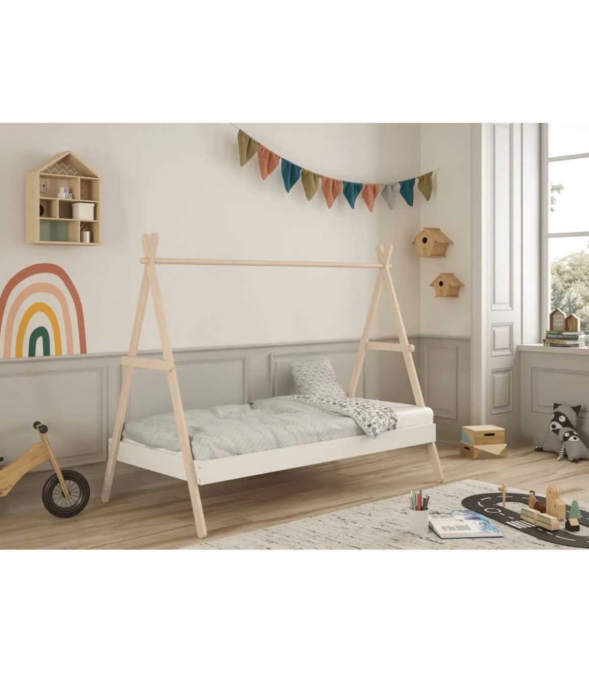 Cama juvenil modelo Teresa acabado cera blanca/blanco, 160cm(alto) 104.5cm(ancho) 209.4cm(fondo)