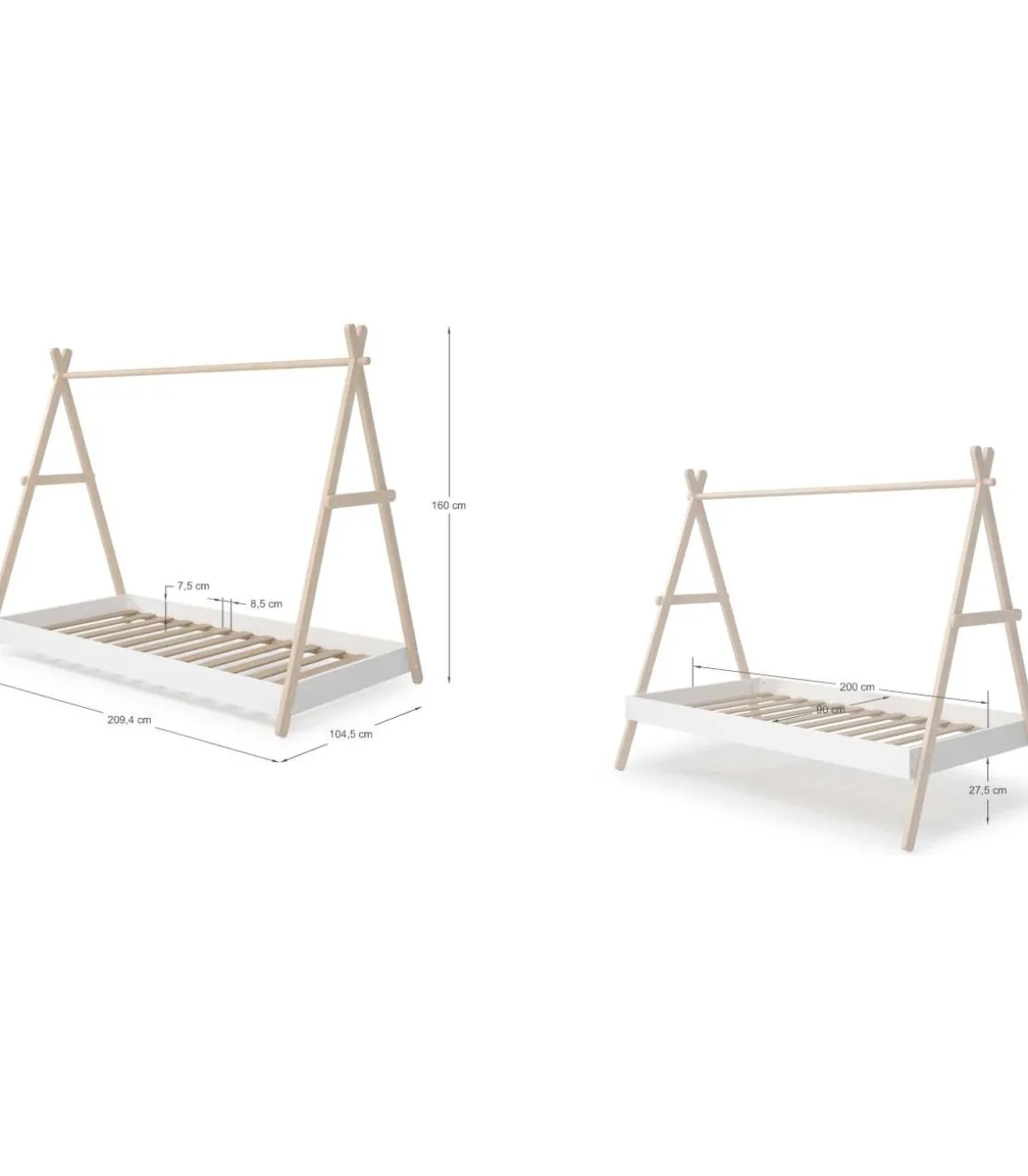 Cama juvenil modelo Teresa acabado cera blanca/blanco, 160cm(alto) 104.5cm(ancho) 209.4cm(fondo)