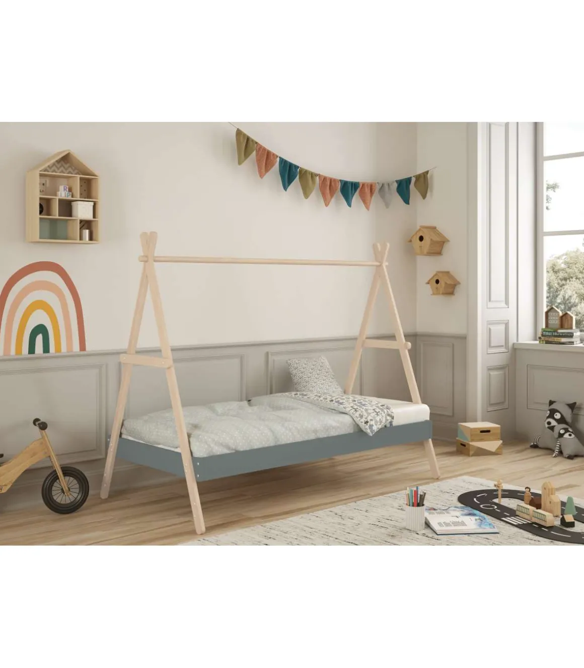 Cama juvenil modelo Teresa acabado cera blanca/verde kaki, 160cm(alto) 104.5cm(ancho) 209.4cm(fondo)