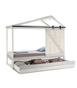 Cama juvenil tipo cabaña con cajón modelo Tara acabado blanco con tonos grises, 208.6cm(largo) 105cm(ancho) 183.5cm(alto).