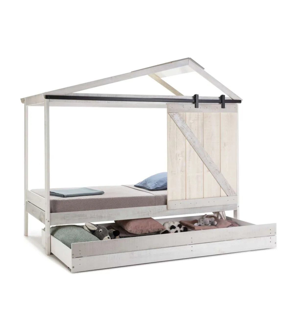 Cama juvenil tipo cabaña con cajón modelo Tara acabado blanco con tonos grises, 208.6cm(largo) 105cm(ancho) 183.5cm(alto).