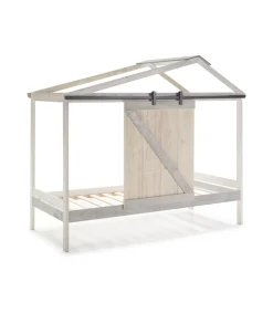 Cama juvenil tipo cabaña modelo Tara acabado blanco con tonos grises, 208.6cm(largo) 105cm(ancho) 183.5cm(alto).