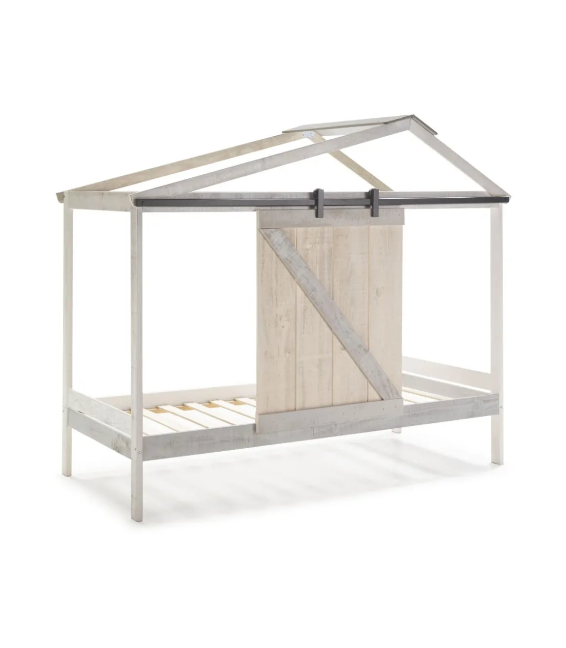 Cama juvenil tipo cabaña modelo Tara acabado blanco con tonos grises, 208.6cm(largo) 105cm(ancho) 183.5cm(alto).