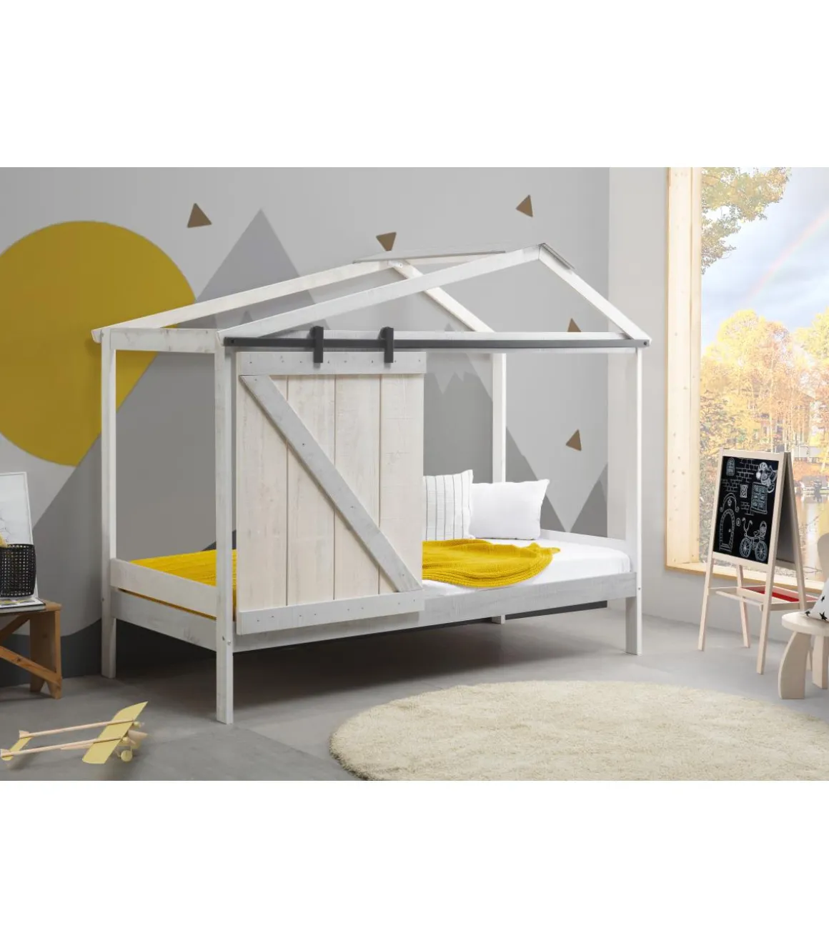 Cama juvenil tipo cabaña modelo Tara acabado blanco con tonos grises, 208.6cm(largo) 105cm(ancho) 183.5cm(alto).