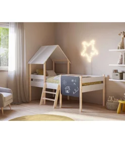 Cama juvenil tipo cabaña modelo Mario con pizarra acabado blanco/cera blanca, 150cm(alto) 110cm(ancho) 202cm(fondo)