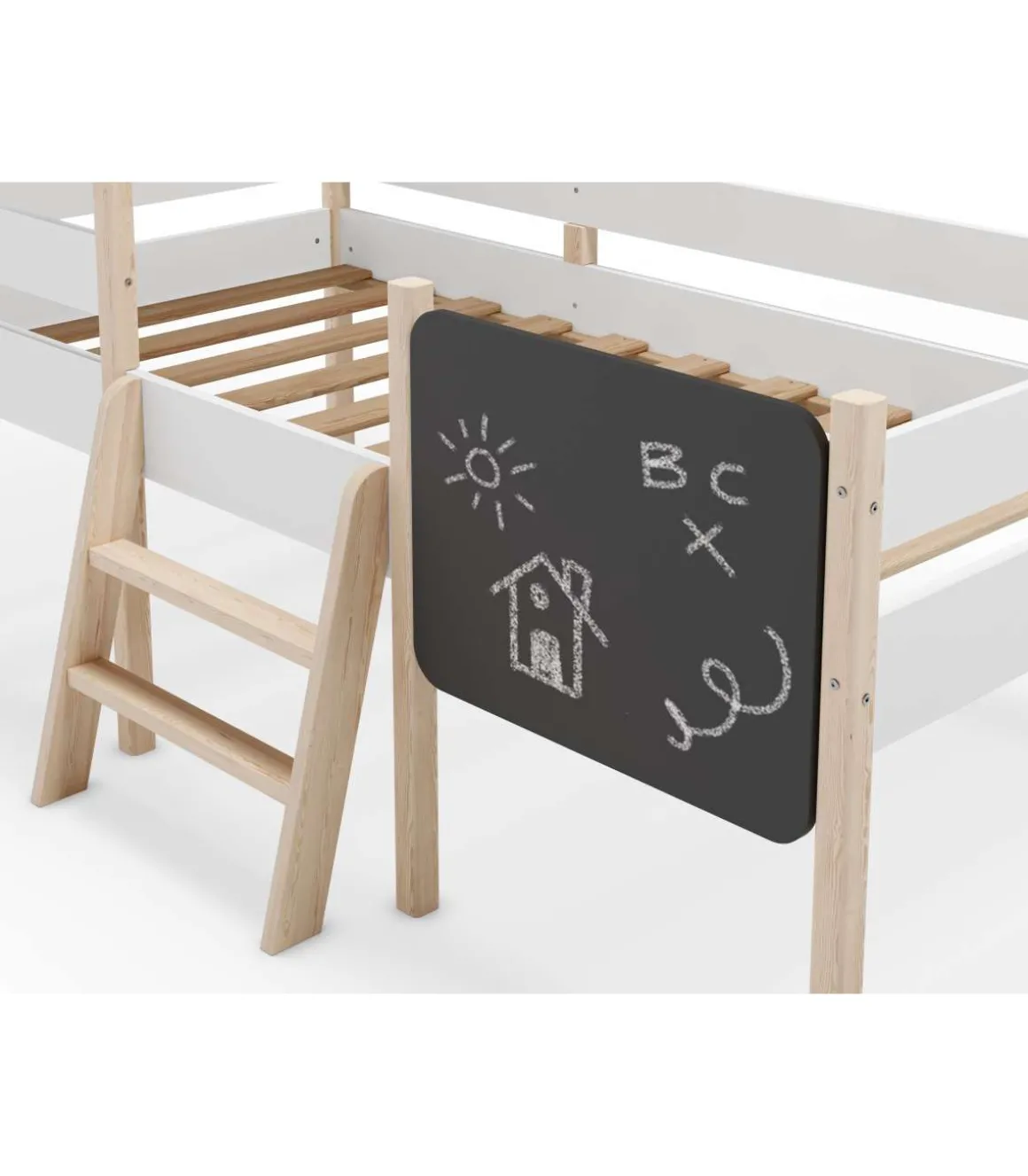 Cama juvenil tipo cabaña modelo Mario con pizarra acabado blanco/cera blanca, 150cm(alto) 110cm(ancho) 202cm(fondo)
