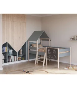 Cama juvenil tipo cabaña modelo Mario con pizarra acabado verde kaki/cera blanca, 150cm(alto) 110cm(ancho) 202cm(fondo)