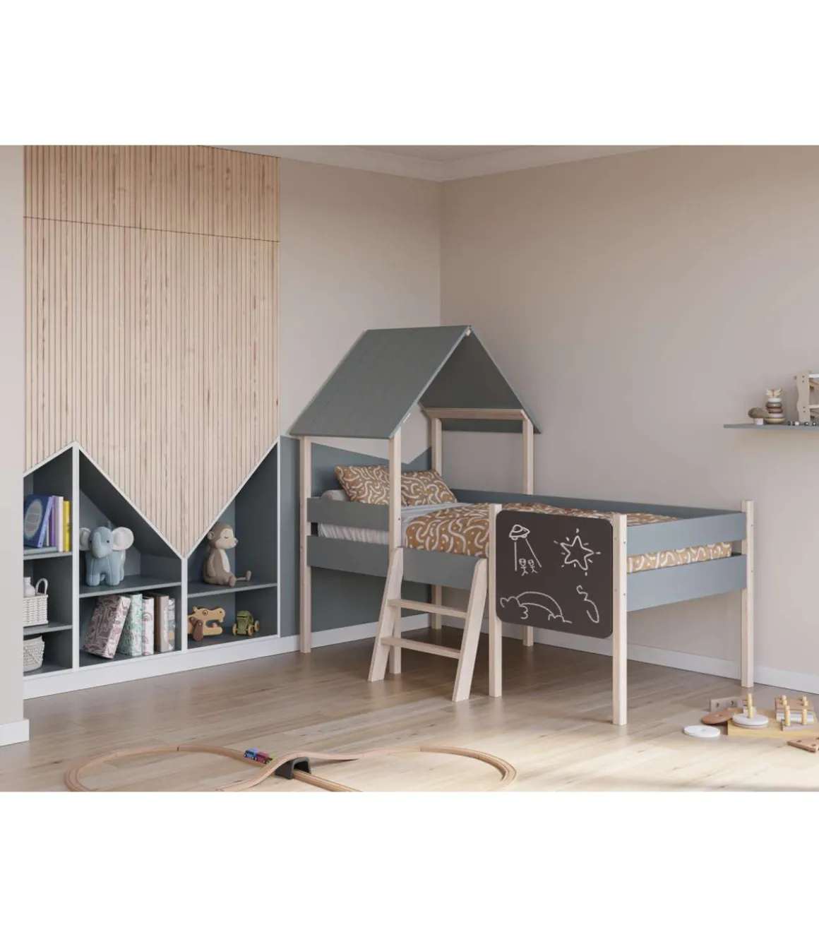 Cama juvenil tipo cabaña modelo Mario con pizarra acabado verde kaki/cera blanca, 150cm(alto) 110cm(ancho) 202cm(fondo)