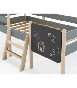Cama juvenil tipo cabaña modelo Mario con pizarra acabado verde kaki/cera blanca, 150cm(alto) 110cm(ancho) 202cm(fondo)