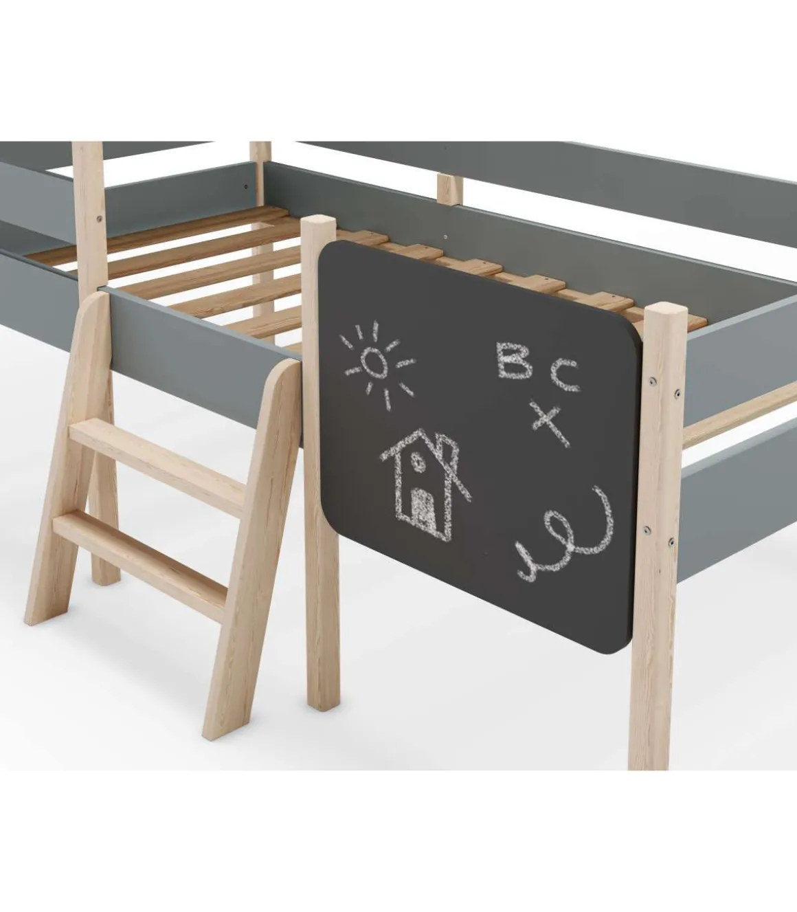 Cama juvenil tipo cabaña modelo Mario con pizarra acabado verde kaki/cera blanca, 150cm(alto) 110cm(ancho) 202cm(fondo)