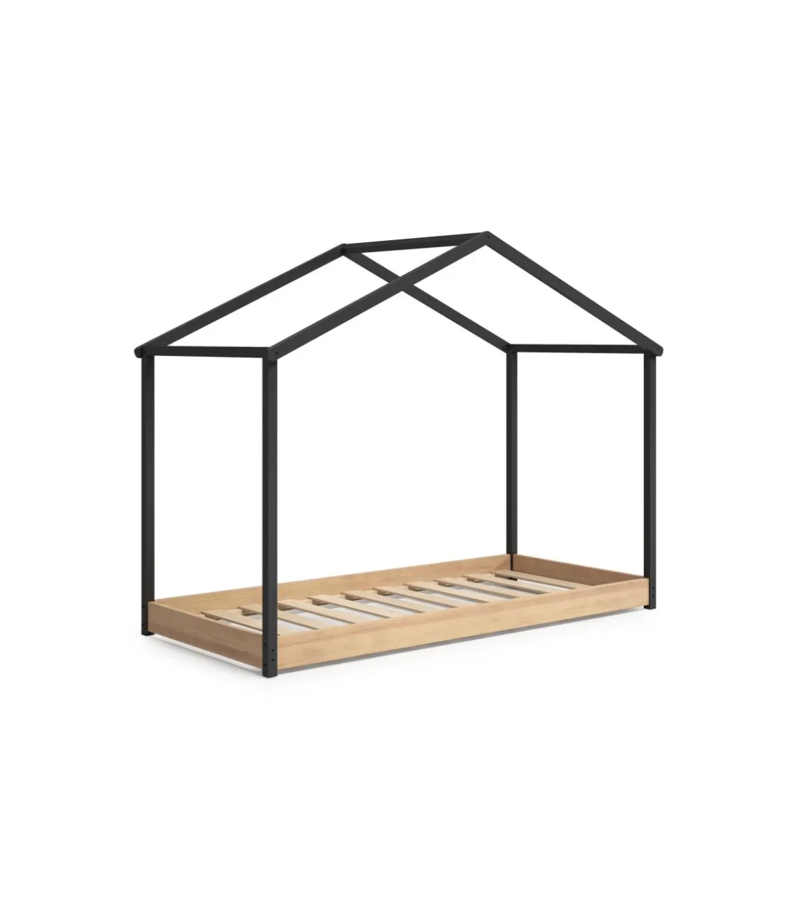 Cama juvenil tipo cabaña Moira acabado roble y gris antracita Medidas: (Largo 216.5 x ancho 102 x alto 163.7 cm)