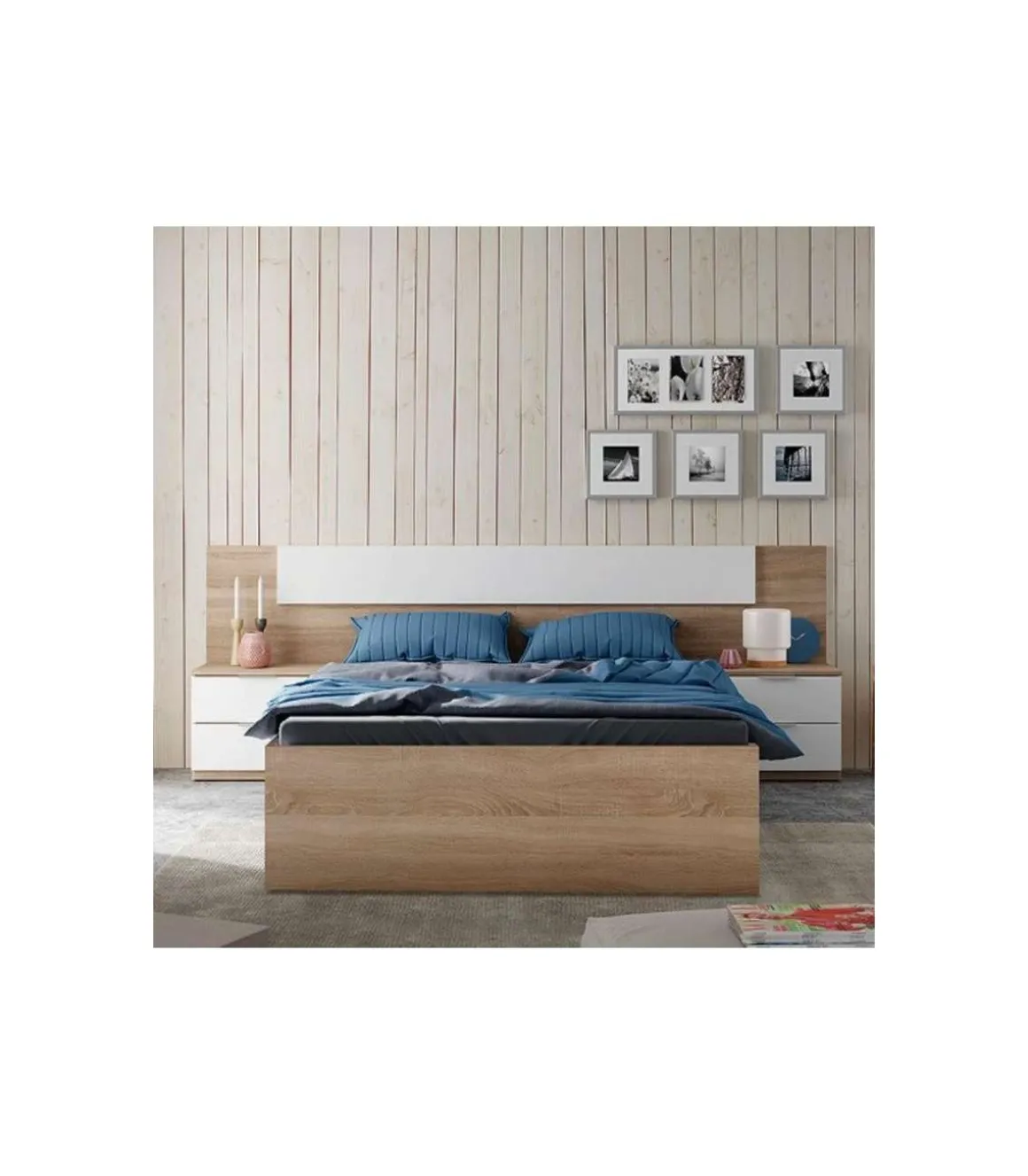 Cama matrimonio Modelo Beli con 4 cajones acabado roble canadian. Para colchón 150x190 cm.