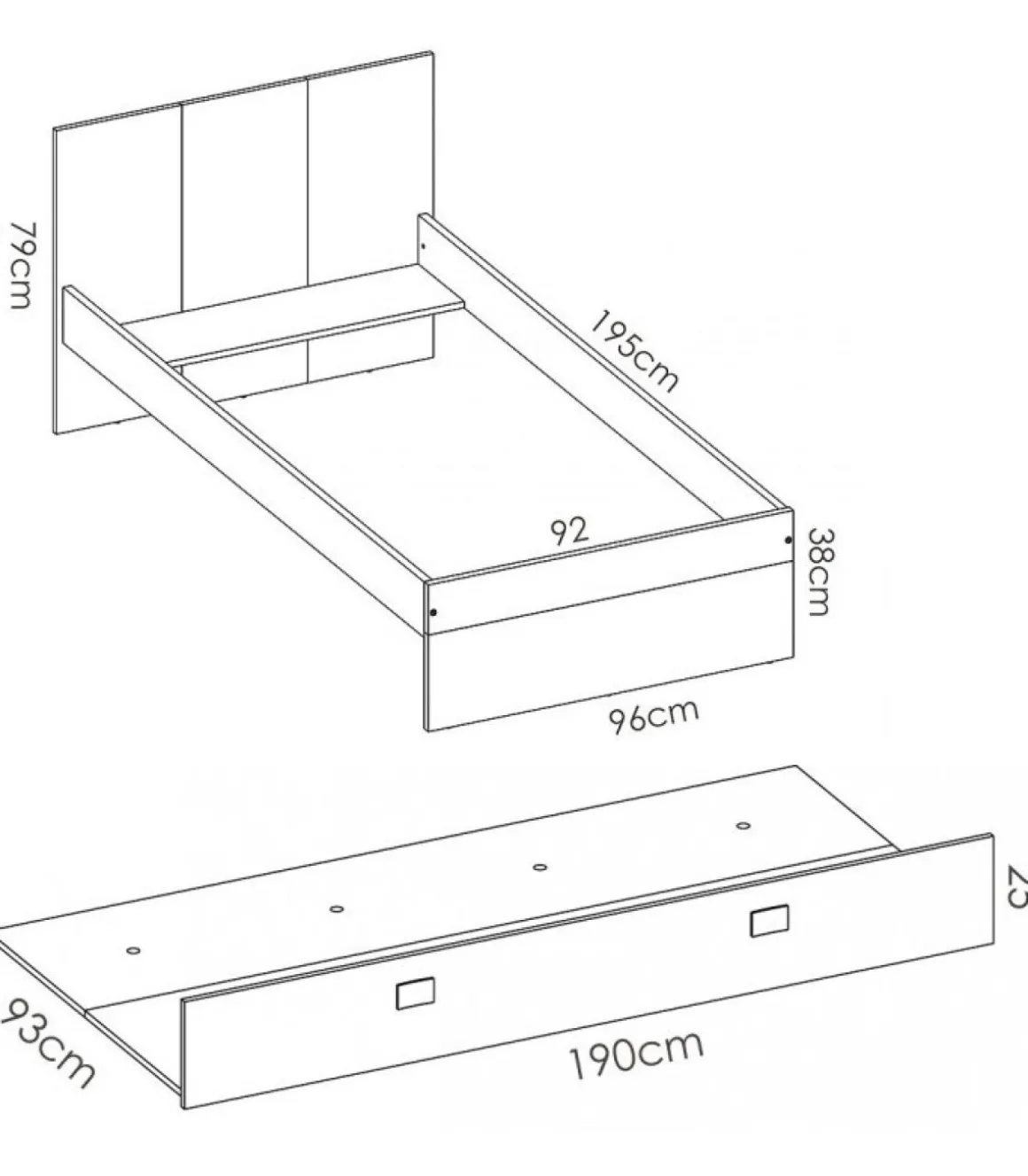 Cama nido con cajón de arrastre Santisteban 90 cm para dormitorio juvenil 79 cm(alto)97 cm(ancho)196 cm(largo)