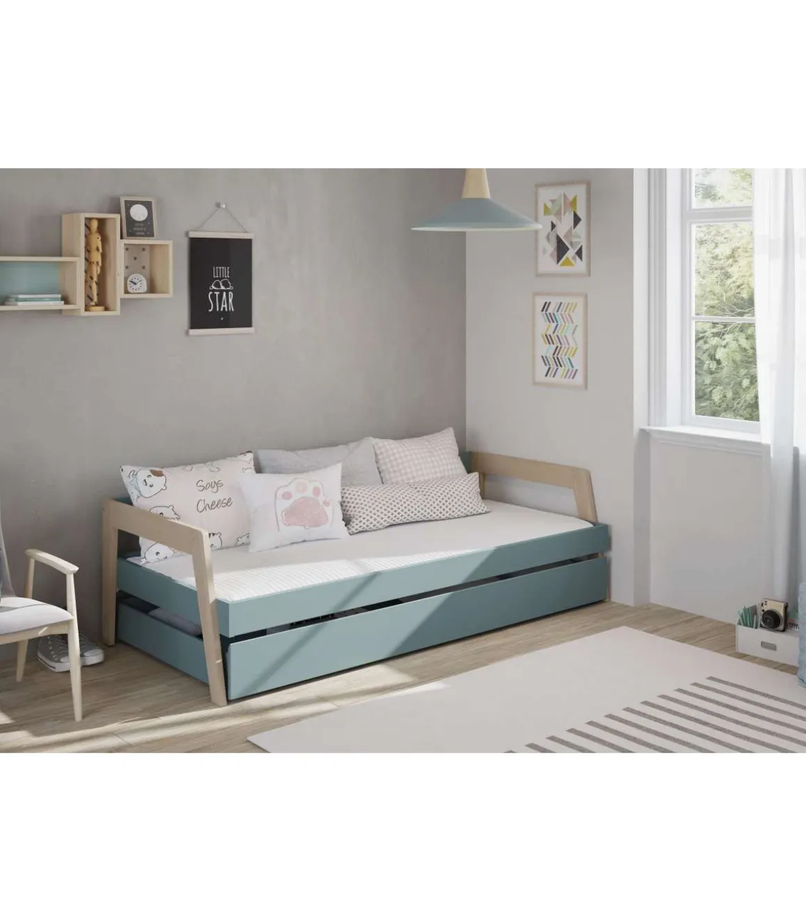 Cama nido juvenil ADAMO acabado verde kaki/cera blanca, 59.5cm(alto) 210cm(ancho) 96cm(fondo)